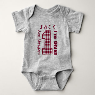 Body 1er Anniversaire Garçon Un An Red Plaid Numéro V01