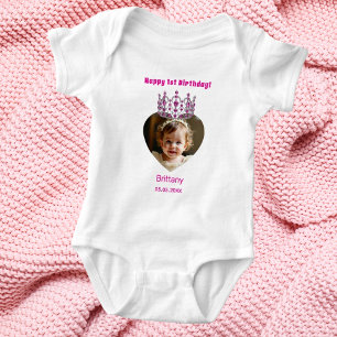 Body 1er anniversaire nom âge photo rose tiara bébé fil