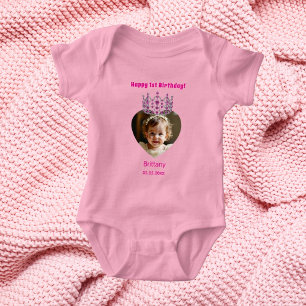 Body 1er anniversaire rose nom photo tiara bébé fille