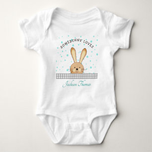 Body Baby Boy Cute Bunny Amour Turquoise/gris Personnal