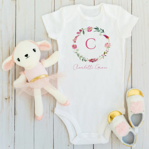 Body Baby Girl Monogramme Aquarelle rose Floral
