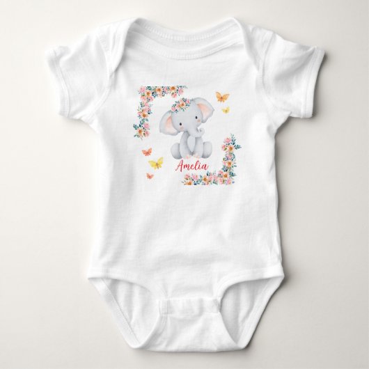 Body bébé à nom personnalisé Éléphant floral (Devant)