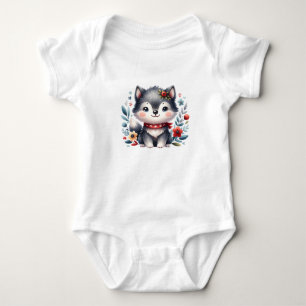 Body Bébé Loup Mignon avec des Fleurs Art d'Animal Mi