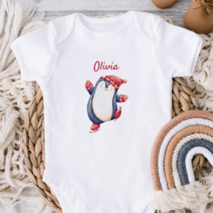 Body bébé mignon avec un manchot de patinage sur g
