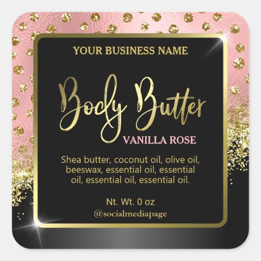 Body Butter labels met roze gouden Confetti Stippe (Voorkant)