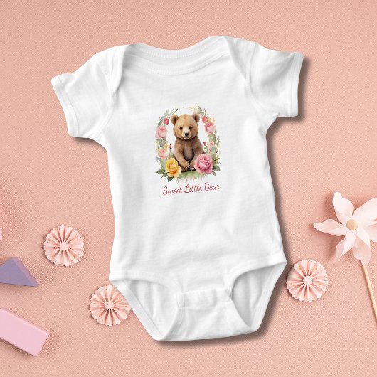 Body Cadeau personnalisé bébé ours rose Fleurs Jaunes r