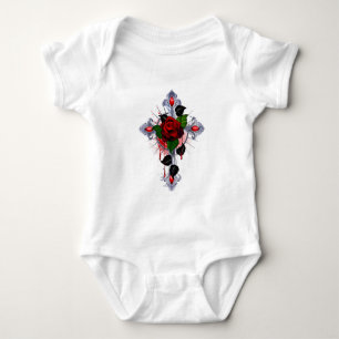 Body Croix d'argent avec une rose rouge