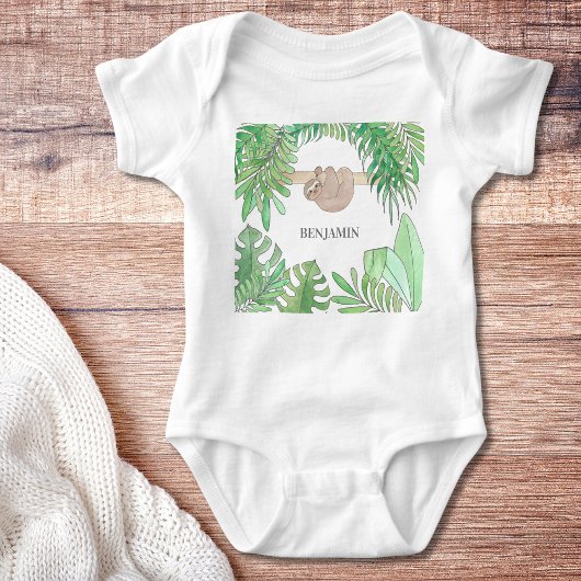 Body Cute Sloth Baby Jungle Feuille Aquarelle Nom