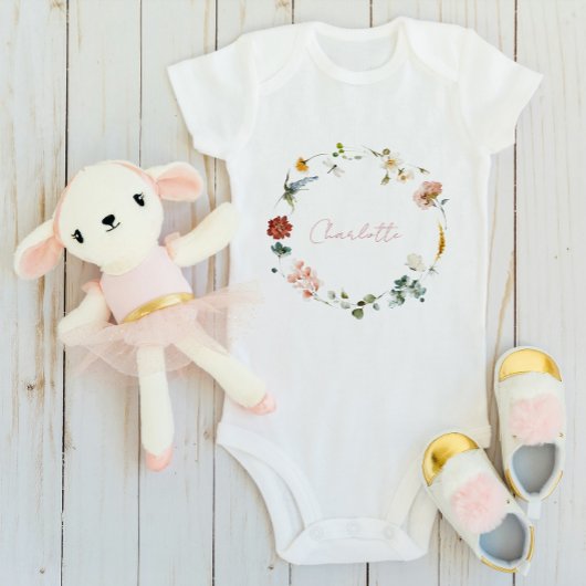 Body Fille Bébé Écriture de Nom Floral Aquarelle