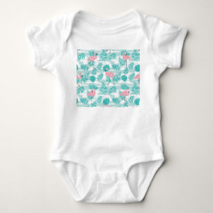 Body flamants roses, feuilles de palmiers verts, tropic