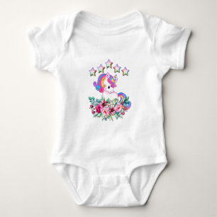 Body Joli Licorne, Étoiles Colorées Et Fleurs Aquarelle
