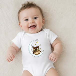 Body Mignon Hibou Brun Croissant Lune Étoiles Bleu