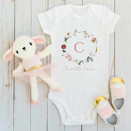 Body Monogramme Bébé Fille Rose Fleurs Aquarelle