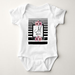 Body Rayures noires et blanches Monogramme floral rose