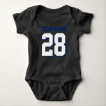 Body Red White Blue Football Jersey Sports Baby Romper<br><div class="desc">Joli maillot de football pour bébé. Maman et papa adorent le sport. C'est naturel que le bébé aussi. Mignonne tenue pour bébé en rouge, blanc et acier bleu. Vous pouvez customiser le nom et le numéro du joueur sur l'avant et l'arrière du maillot. Pas seulement pour les fans de football....</div>