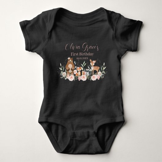 Body Tenue de 1er anniversaire floral rose Woodland Ani (Devant)