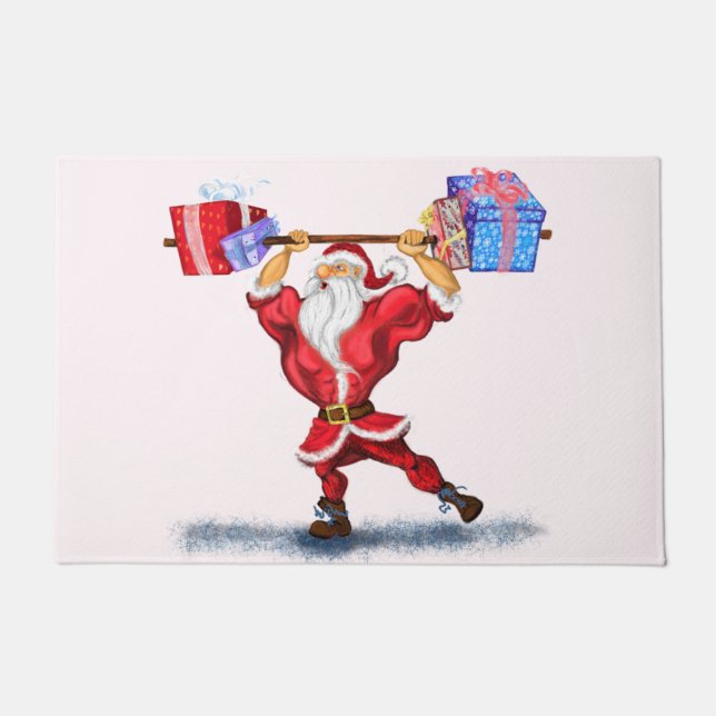 Bodybuilder Santa Claus met kerstcadeautjes - Fun Deurmat (Voorkant)