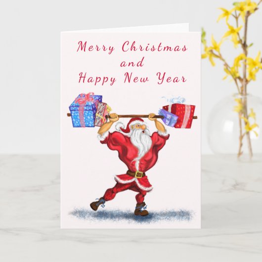 Bodybuilder Santa Claus met kerstcadeautjes - Fun Kaart (Gele Bloem)