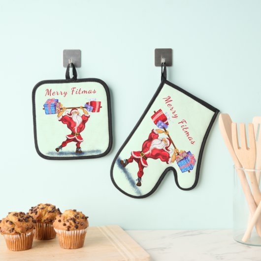 Bodybuilder Sinterklaas met Gift Grappige Kerstmis Ovenwant & Pannenlap Set (Insitu(Ophanging))