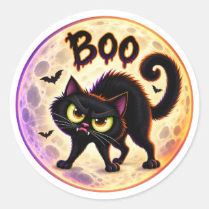 Boe! Chagrijnige Zwarte Kat en Volle Maan Hallowee Ronde Sticker