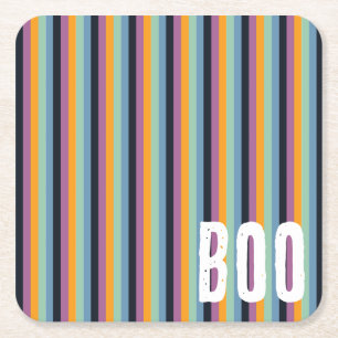 Boe! Gedempt Sinaasappel & Paarse Halloween Stripe Vierkante Kartonnen Onderzetter