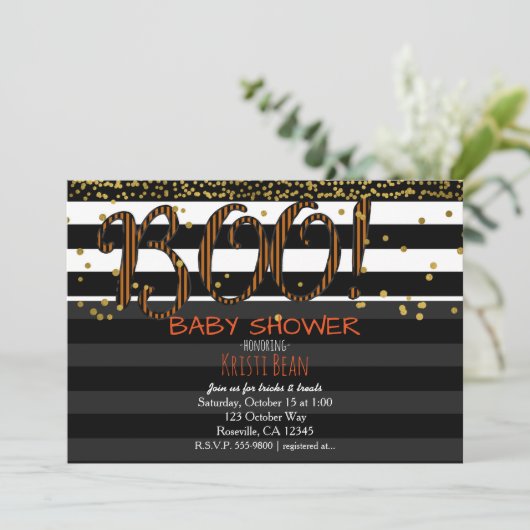 BOE! Halloween Sinaasappel & Black Stripes Uitnodi Kaart (Staand voorkant)