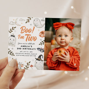 Boe! Ik ben twee Halloween verjaardag foto uitnodi Kaart