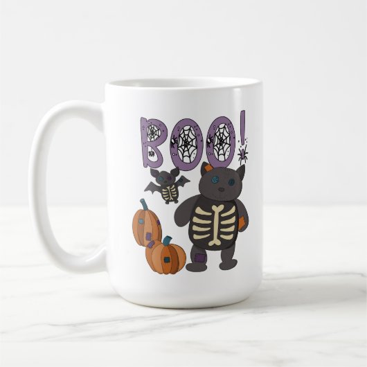 Boe! Schattige Patchwork Skelet Cat en Bat Hallowe Koffiemok (Links)