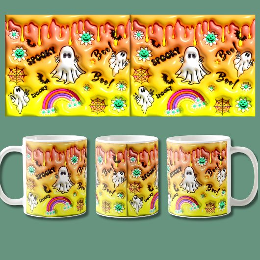 Boe! Spooky 3D Effect Geel Sinaasappel Rainbow Gho Koffiemok