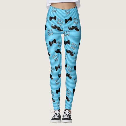 Boe stropdas en Mustache blauwe en witte Leggings (Voorkant)