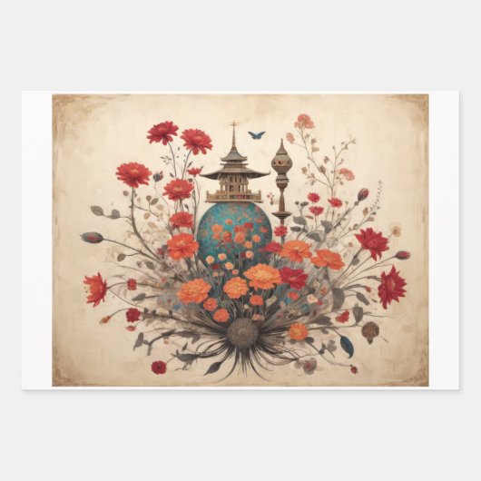 Boeddha, een Zen tempel en bloemen - Inpakpapier Vel (Voorkant 2)