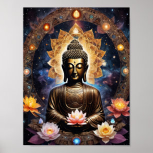 Boeddha in meditatie met lotusbloemen poster
