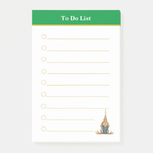 Boeddha-kop en groene koptekst om lijst te maken post-it® notes