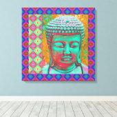 Boeddha-Pop met patchwork-grenzen in blauw en roze Canvas Afdruk (Insitu (Houten vloer))