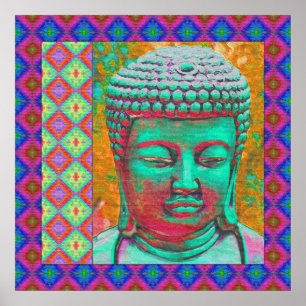Boeddha-Pop met patchwork-grenzen in blauw en roze Poster