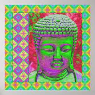 Boeddha-Pop met patchwork-grenzen in groen en rood Poster