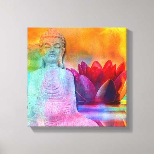 Boeddha-standbeeld & Lotus in water Canvas Afdruk (Voorkant)