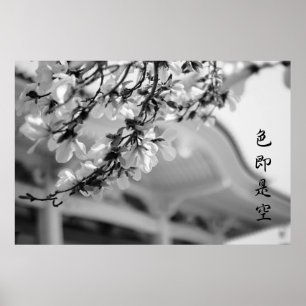 Boeddhist Temple White Flowers All is Vanity B & W Poster
