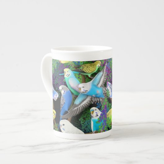 Boedgerigar Parrots in Ferns Bone China Mok (Voorkant links)