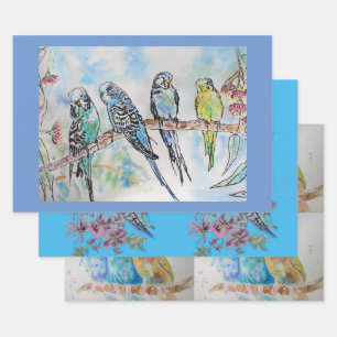 Boedgie art Flower Floral Blue Bird Waterverf Inpakpapier Vel