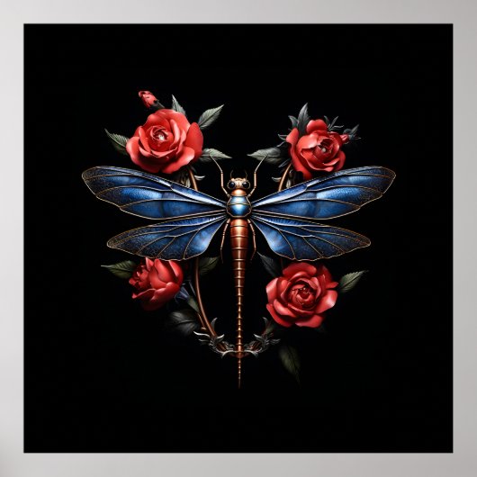 Boeiende kunst: Metallic Dragonfly met rode rozen Poster (Voorkant)