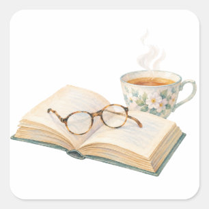 Boek en thee bij het raam vierkante sticker