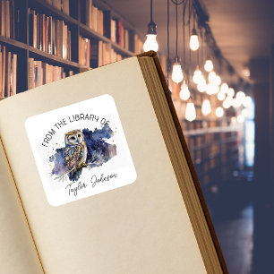 Boek ex-libris sterrenhemel uil vierkante sticker