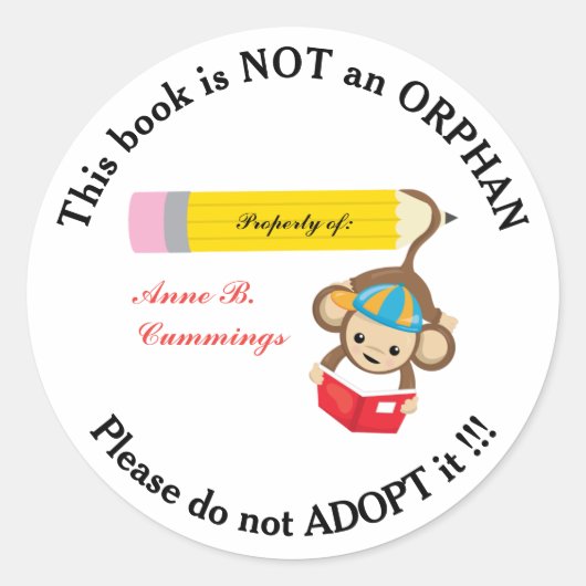 Boek is geen orphan alstublieft geen aap ronde sticker (Voorkant)