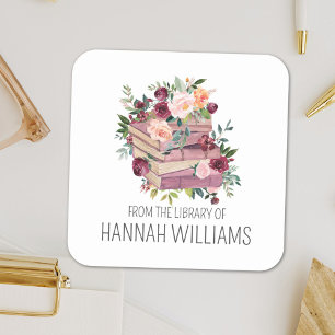 Boek met bloemenstapel van de bibliotheek van boek vierkante sticker