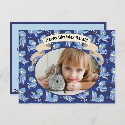 Boek Octopus Blauw Cute Kinderverjaardagsfeest Uit Feestdagenkaart (Voorkant / Achterkant)