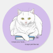 Boek White Cat Paarse Funny Ronde Sticker (Voorkant)