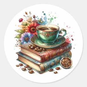  boeken, bloemen en koffie of thee ronde sticker
