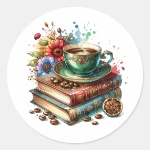  boeken, bloemen en koffie of thee ronde sticker