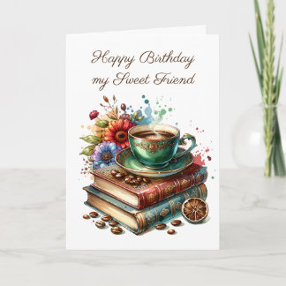 boeken, bloemen en koffie Vriendelijke Verjaardag Kaart